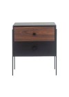 mesa de cabeceira 2 gavetas pine preto com pau ferro pes metal frente
