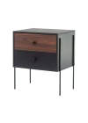 mesa de cabeceira 2 gavetas pine preto com pau ferro pes metal lado