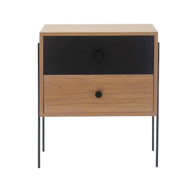 mesa de cabeceira 2 gavetas pine dual com preto pes metal frente