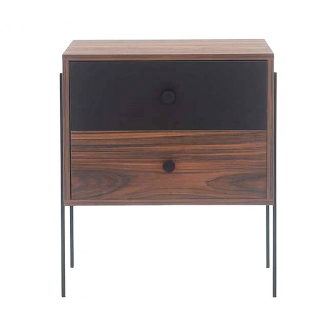 mesa de cabeceira 2 gavetas pine pau ferro com preto pes metal frente