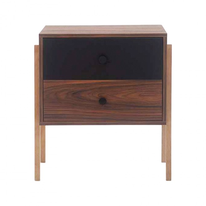 mesa de cabeceira 2 gavetas pine pau ferro com preto pes tauari frente