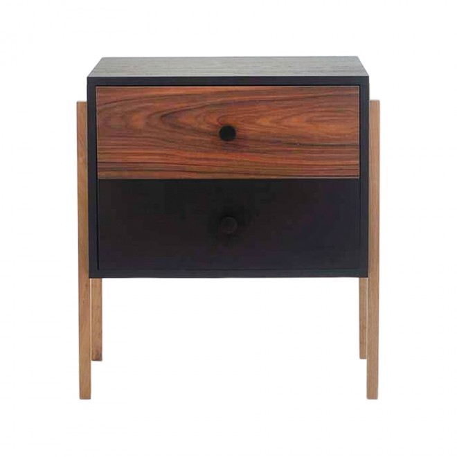 mesa de cabeceira 2 gavetas pine preto com pau ferro pes tauari frente