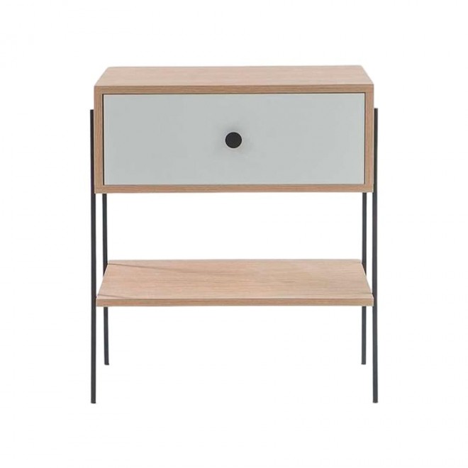 mesa de cabeceira pine carvalho com gaveta branco pes metal frente
