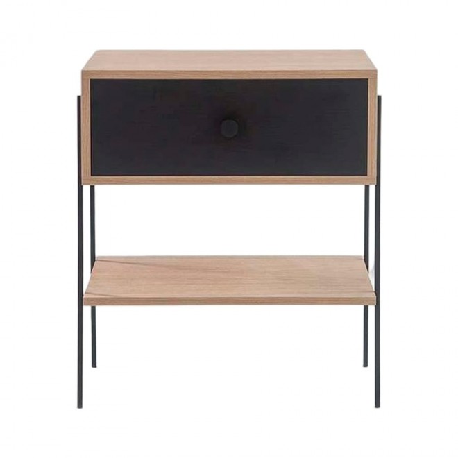 mesa de cabeceira pine carvalho com gaveta preto pes metal frente