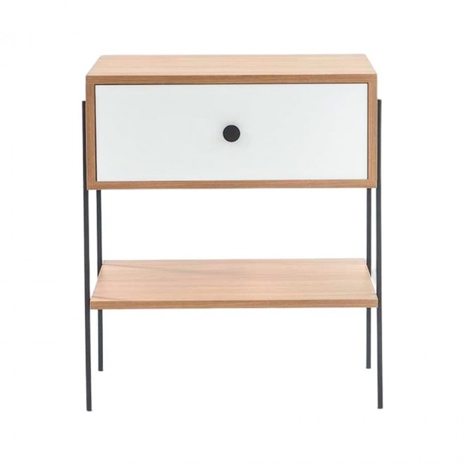 mesa de cabeceira pine dual com gaveta branco pes metal frente