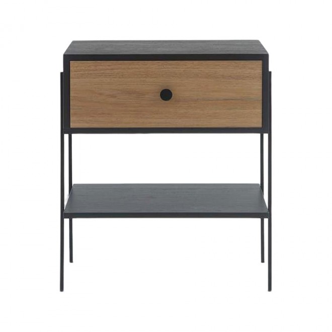 mesa de cabeceira pine preto com gaveta dual pes metal frente