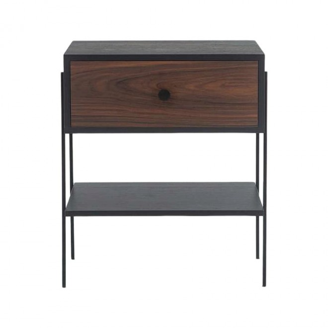 mesa de cabeceira pine preto com gaveta pau ferro pes metal frente