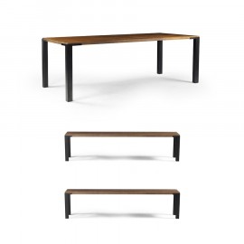 Conjunto de 1 Mesa de Jantar Dorne 160cm Madeira Escura e Estrutura Grafite + 2 Bancos Dorne 140cm Madeira Escura e Estrutura Grafite